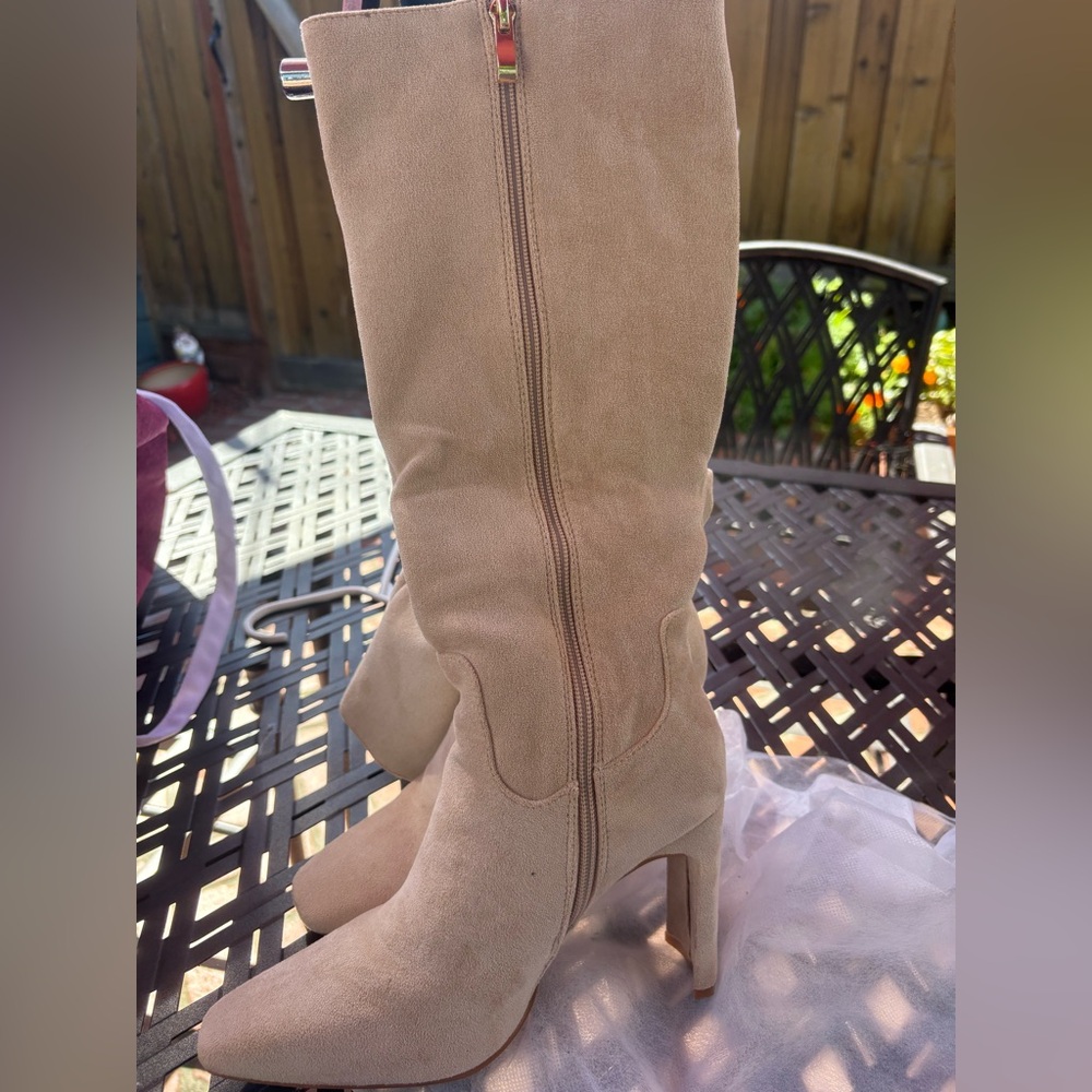 Beige Knee High Suede Boots